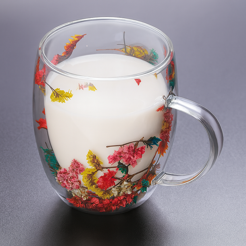 Xícara De Vidro Parede Dupla Com Flor Seca