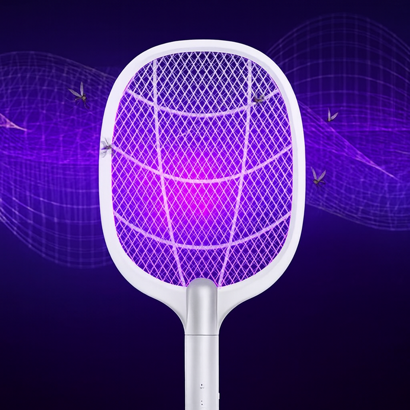 Raquete Elétrica Mata Insetos Recarregável com Base e Luz Led.