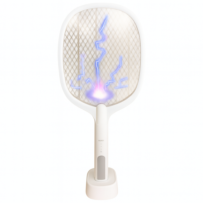 Raquete Elétrica Mata Insetos Recarregável com Base e Luz Led.