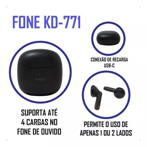 FONE DE OUVIDO BLUETOOTH 5.1 TWS - KAIDI - KD-771 ORIGINAL BRANCO PRETO LILÁS R
