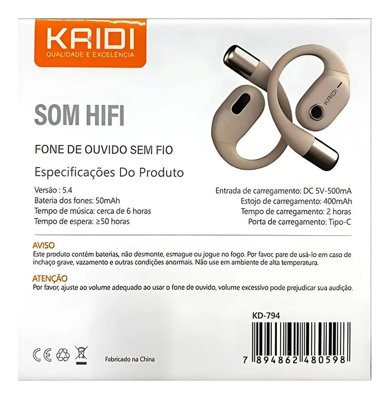 Fone de Ouvido Bluetooth Kaidi kd-794 OWS SOM HIFI 5.4 6hs de Música