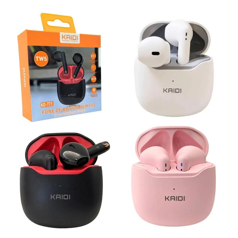 FONE DE OUVIDO BLUETOOTH 5.1 TWS - KAIDI - KD-771 ORIGINAL BRANCO PRETO LILÁS R