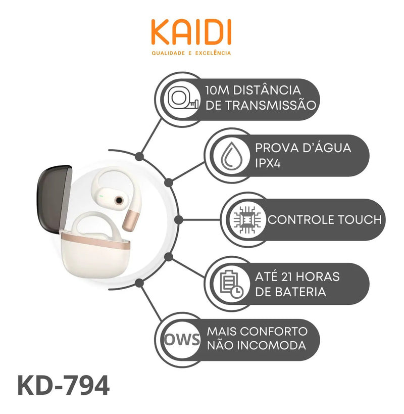 Fone de Ouvido Bluetooth Kaidi kd-794 OWS SOM HIFI 5.4 6hs de Música