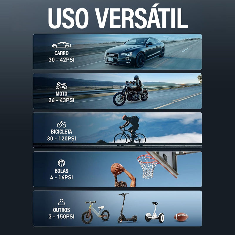 Compressor de Ar Recarregável Portatil com Calibrador e Luz de Emergência