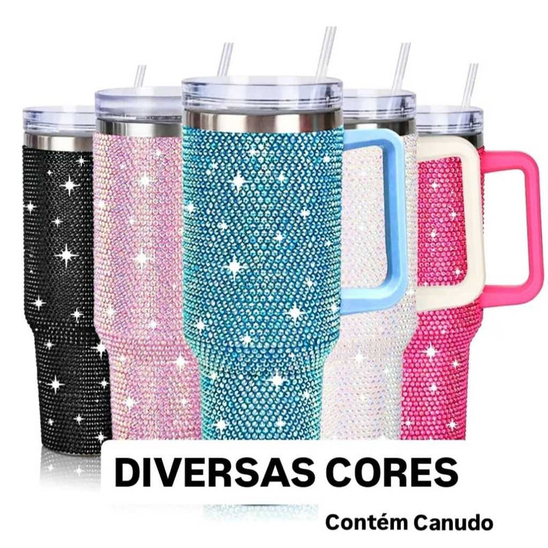 Copo Térmico 1200ml Com Strass Brilhante Com Alça Tampa E Canudo