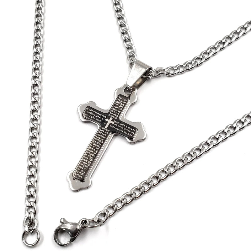 Colar Pingente Cruz Pequena Pai Nosso Aço inox
