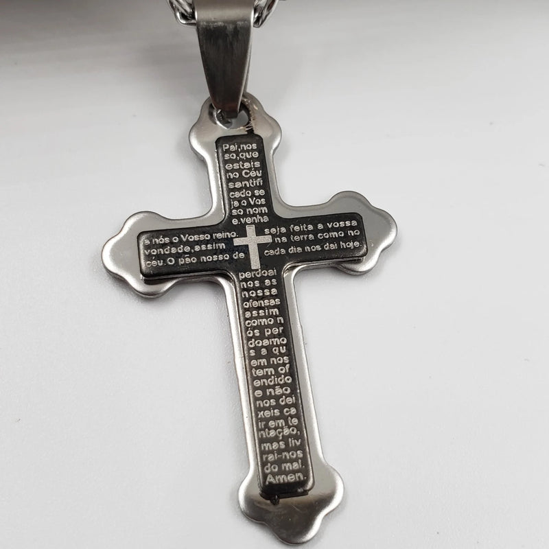 Colar Pingente Cruz Pequena Pai Nosso Aço inox