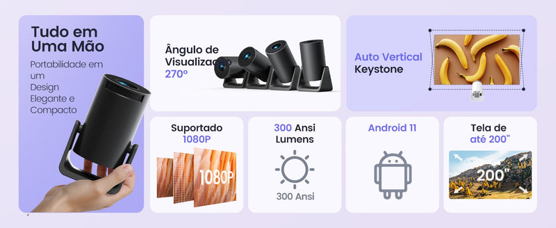 Mini projetor Wimius L1 com suporte a 1080P 300 ANSI Android 11 Wifi Bluetooth