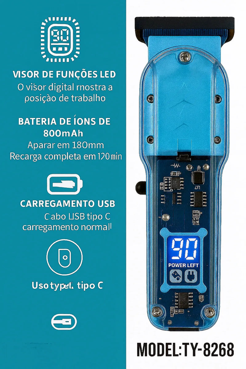 Maquina de Cortar Cabelo Transparente Visor Digital Preto