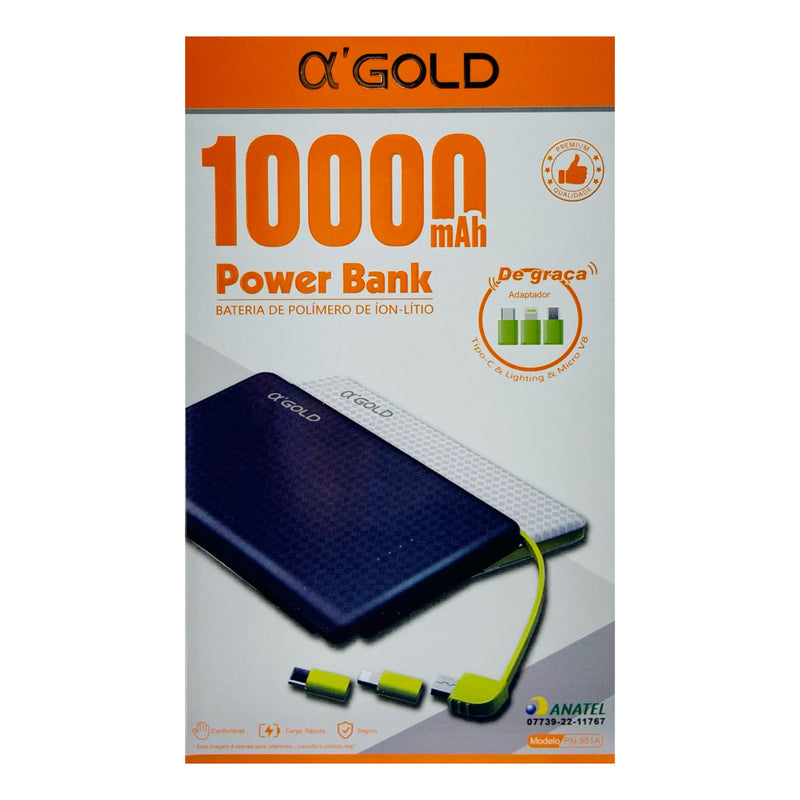 Carregador Portátil A'Gold 10.000 mAh Com Cabo Agregado PN-951A