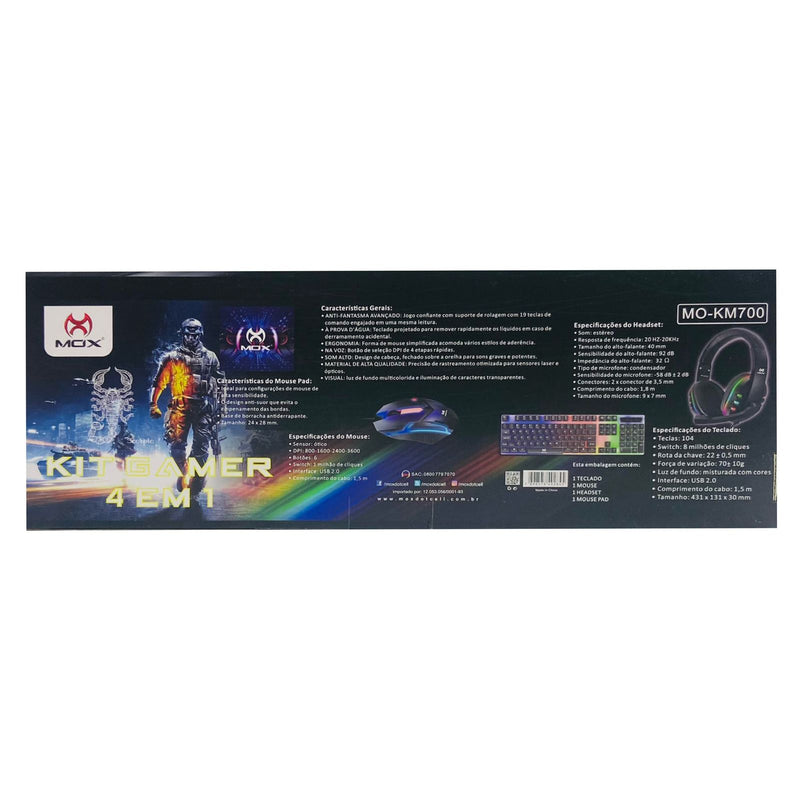 Kit Gamer Teclado Mouse Headset e Mouse Pad com Iluminação LED, USB, Som Estéreo e DPI Ajustável