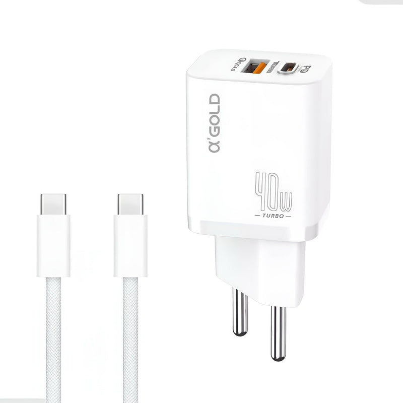 Carregador Completo Turbo 40W Duas Entradas Cabo Tipo C A'Gold