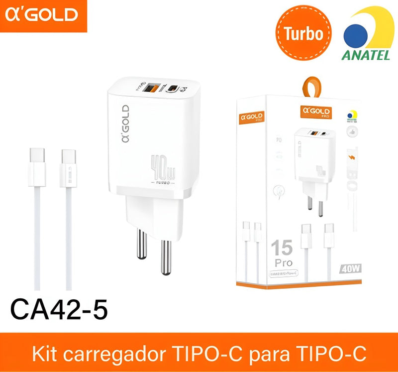 Carregador Completo Turbo 40W Duas Entradas Cabo Tipo C A'Gold