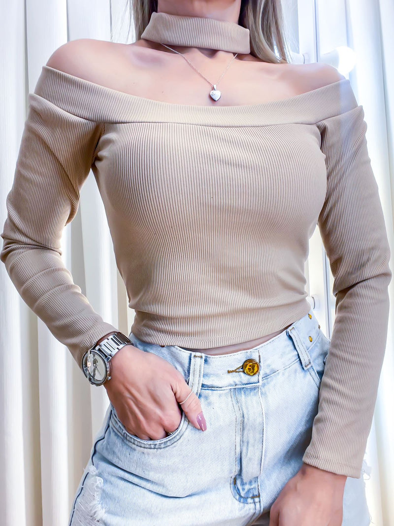 Cropped Feminino em Ribana Manga Longa Costa Única com Gola Laiara