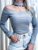 Cropped Feminino em Ribana Manga Longa Costa Única com Gola Laiara