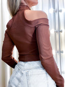 Cropped Feminino em Ribana Manga Longa Costa Única com Gola Laiara