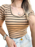 Cropped Feminino Manga Curta Gola Redonda Listrado Gleiciane