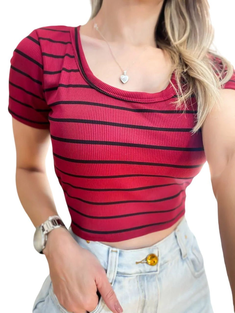 Cropped Feminino Manga Curta Gola Redonda Listrado Gleiciane