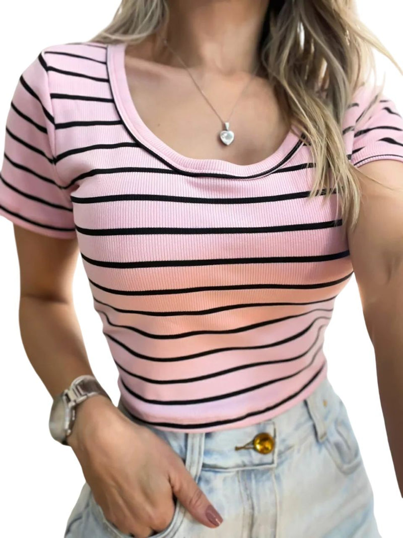 Cropped Feminino Manga Curta Gola Redonda Listrado Gleiciane