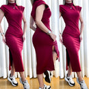 Vestido Feminino Midi em Ribana Manga Muscle com Gola Cintia