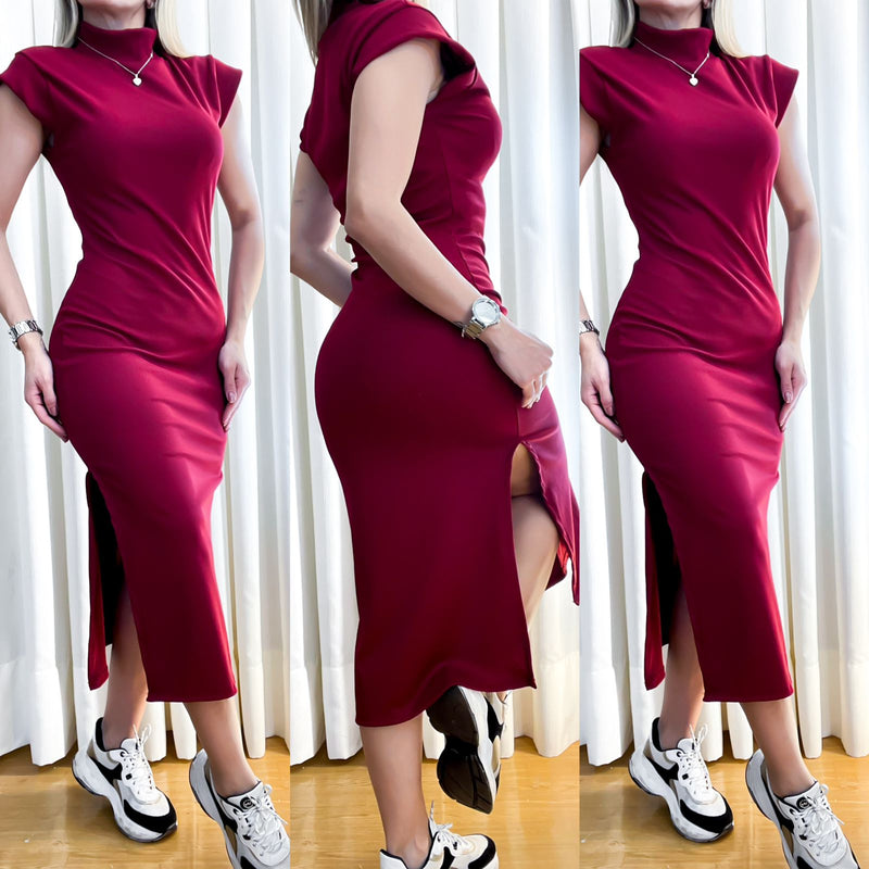 Vestido Feminino Midi em Ribana Manga Muscle com Gola Cintia