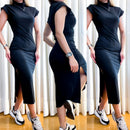 Vestido Feminino Midi em Ribana Manga Muscle com Gola Cintia