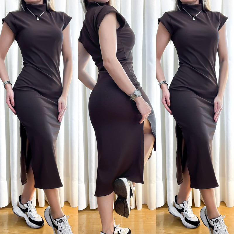 Vestido Feminino Midi em Ribana Manga Muscle com Gola Cintia